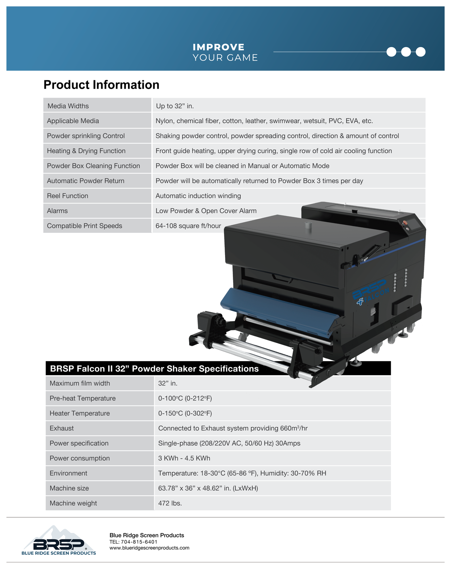 Product information sheet for a powder shaker with specifications and features.