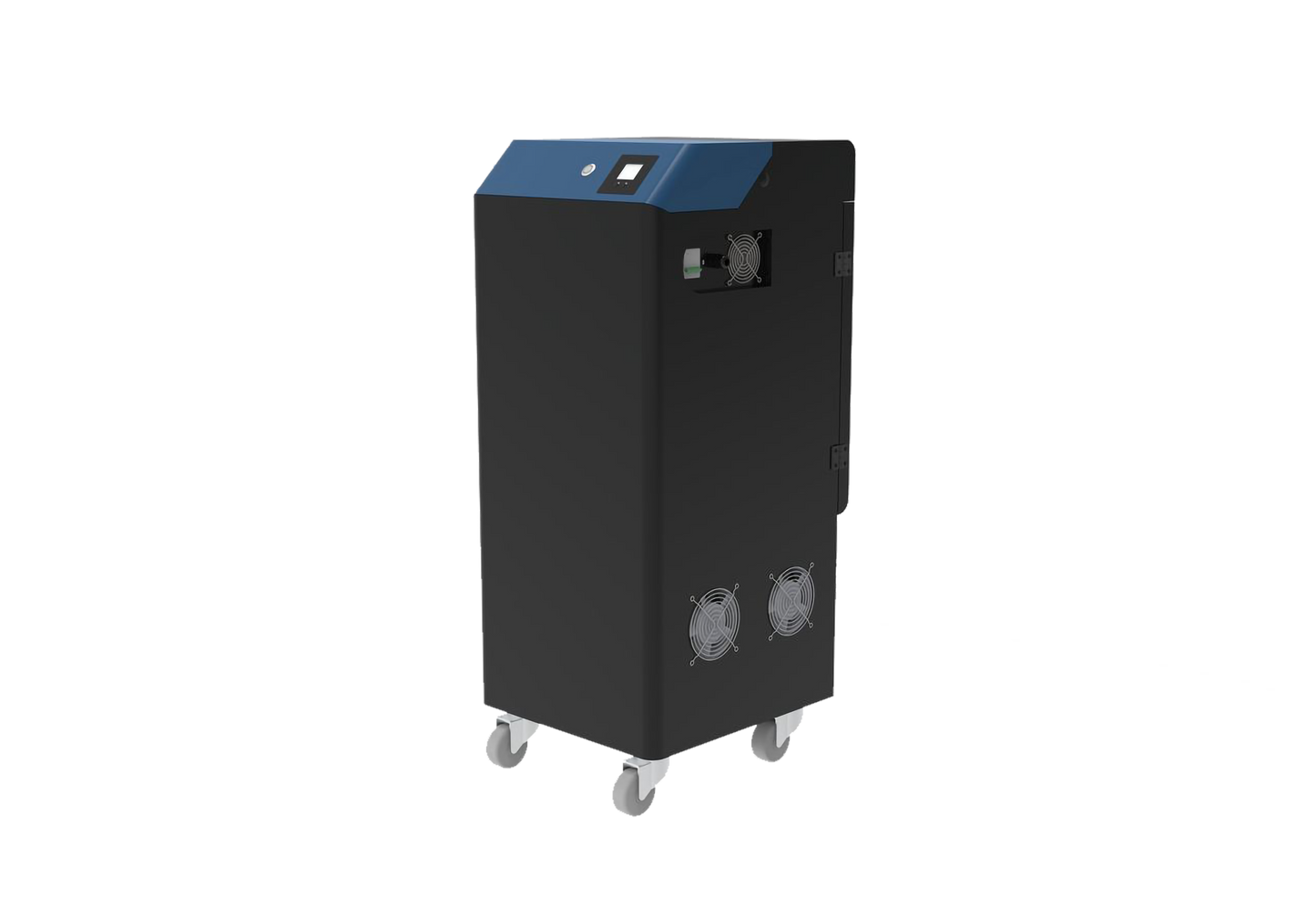 Black industrial machine with blue top on a white background