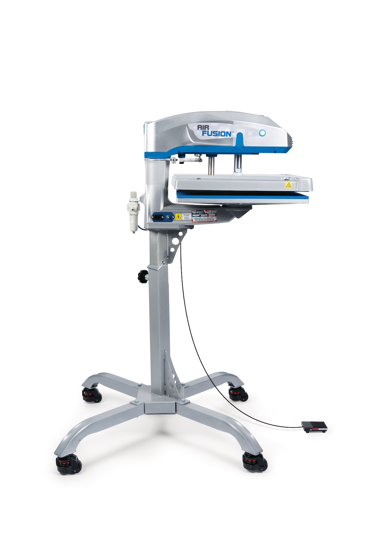 Heat press on stand with Air Fusion branding on the side with white background