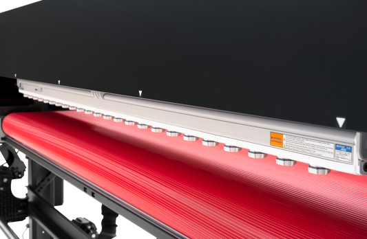 DTF Printer with a black chasis, silver nozzles, and a red platform