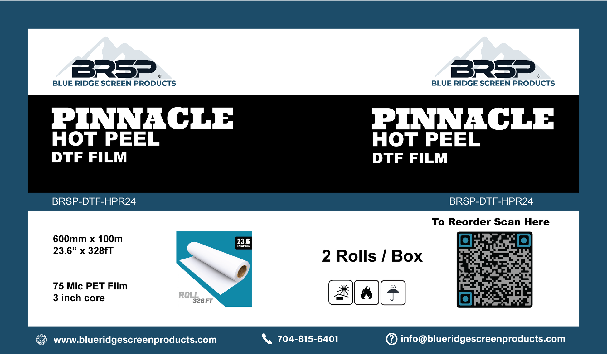 Advertisement for Blue Ridge Screen Products Pinnacle Hot Peel DTF film with product details and branding.