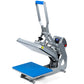 Heat press machine with blue platform on a white background