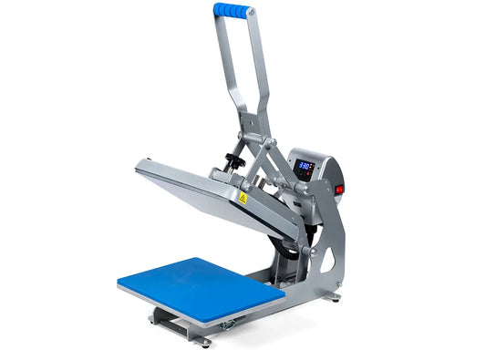 Heat press machine with blue platform on a white background