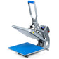 Heat press machine with blue platform on a white background