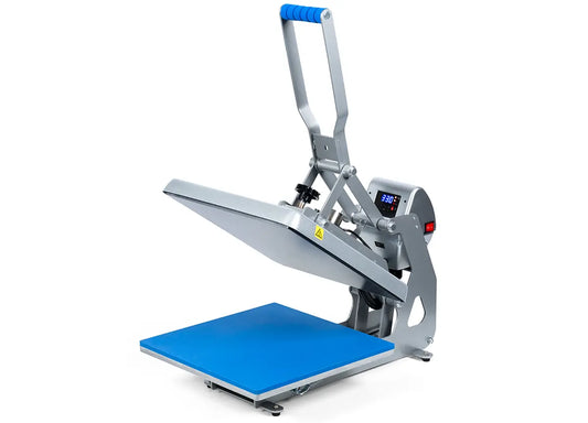 Heat press machine with blue platform on a white background