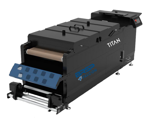 Black industrial DTF machine labeled 'TITAN' with blue accents on a white background