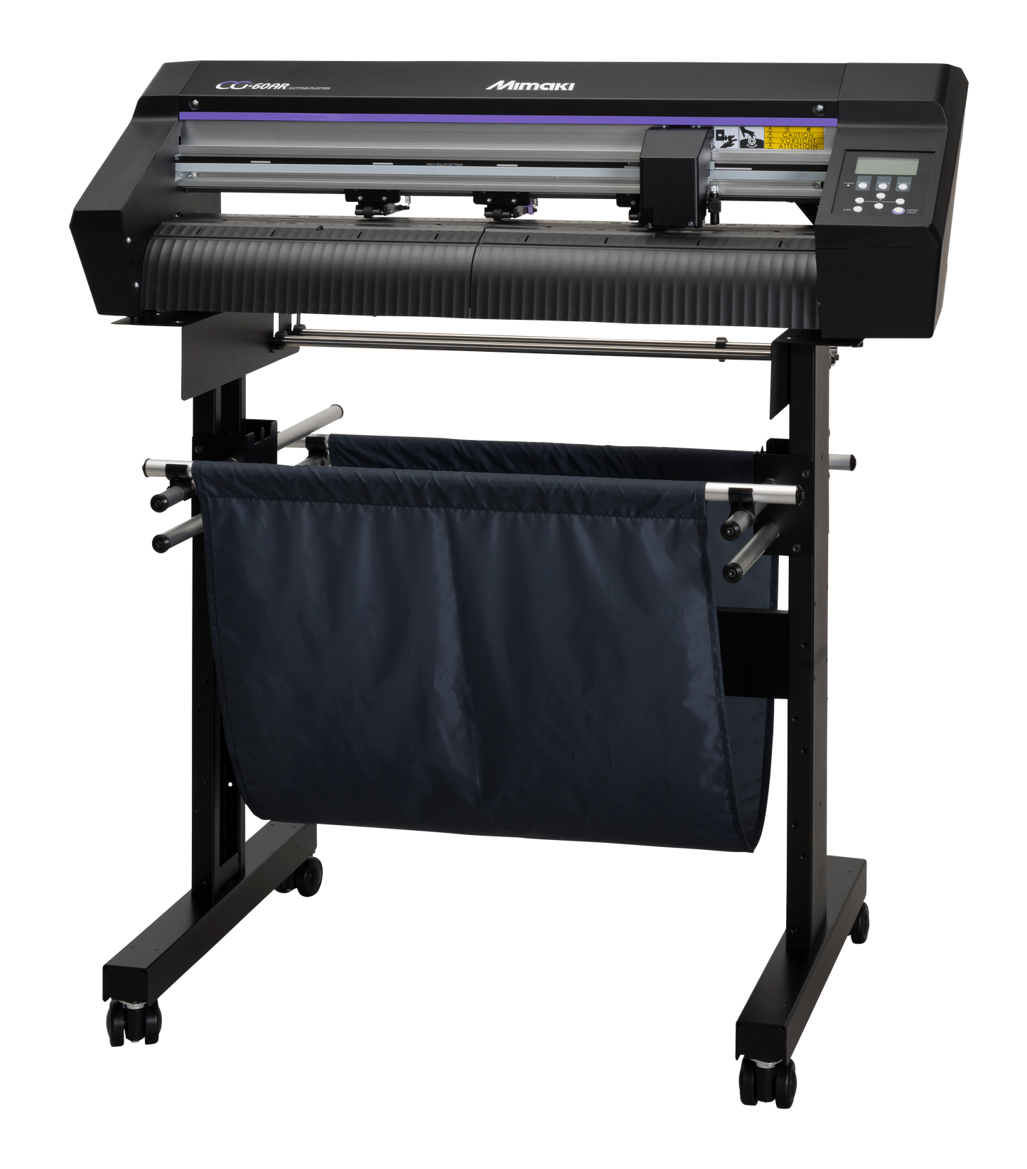 Large plotter with a roll of black material on a white background
