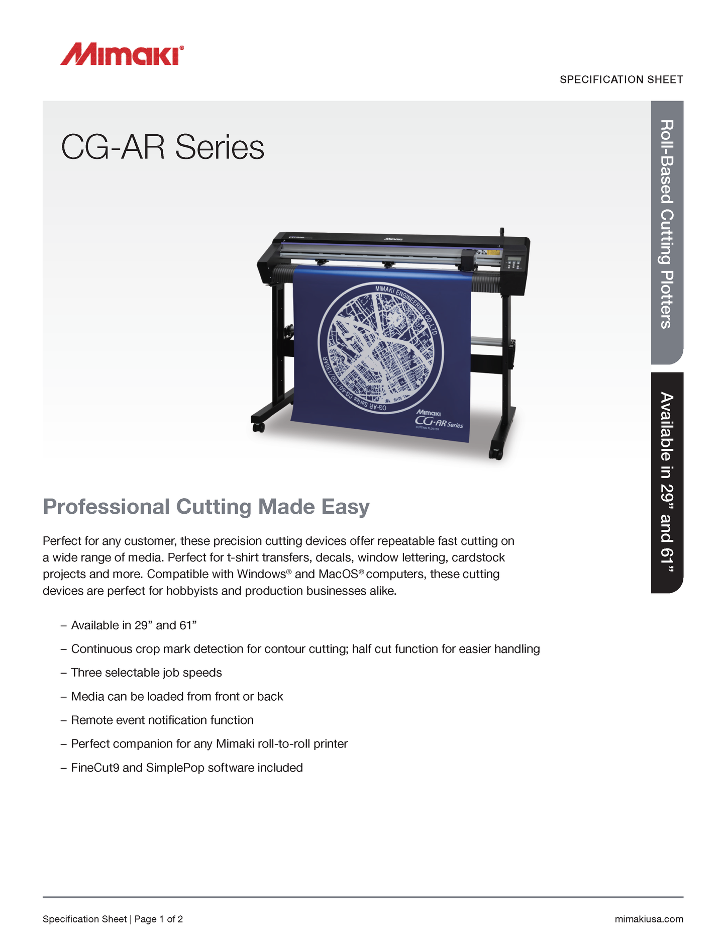 Mimaki CG-AR Series cutting plotter with specifications on a white background