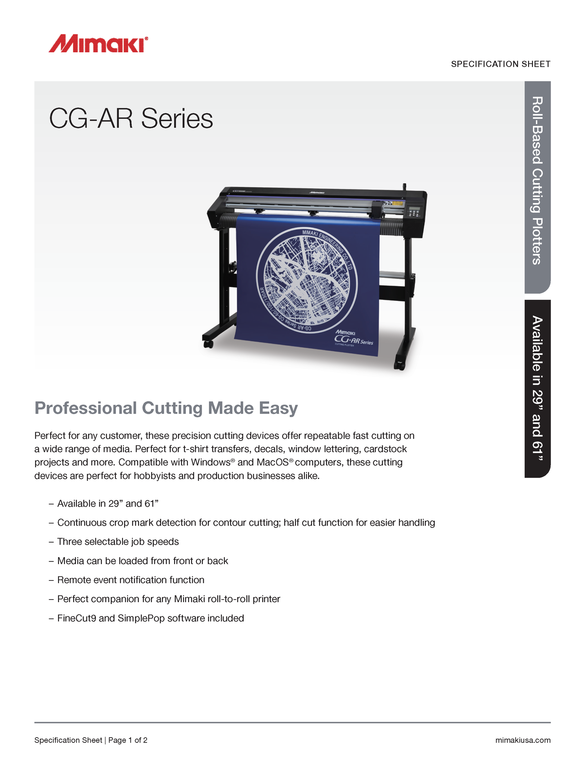 Mimaki CG-AR Series cutting plotter with specifications on a white background