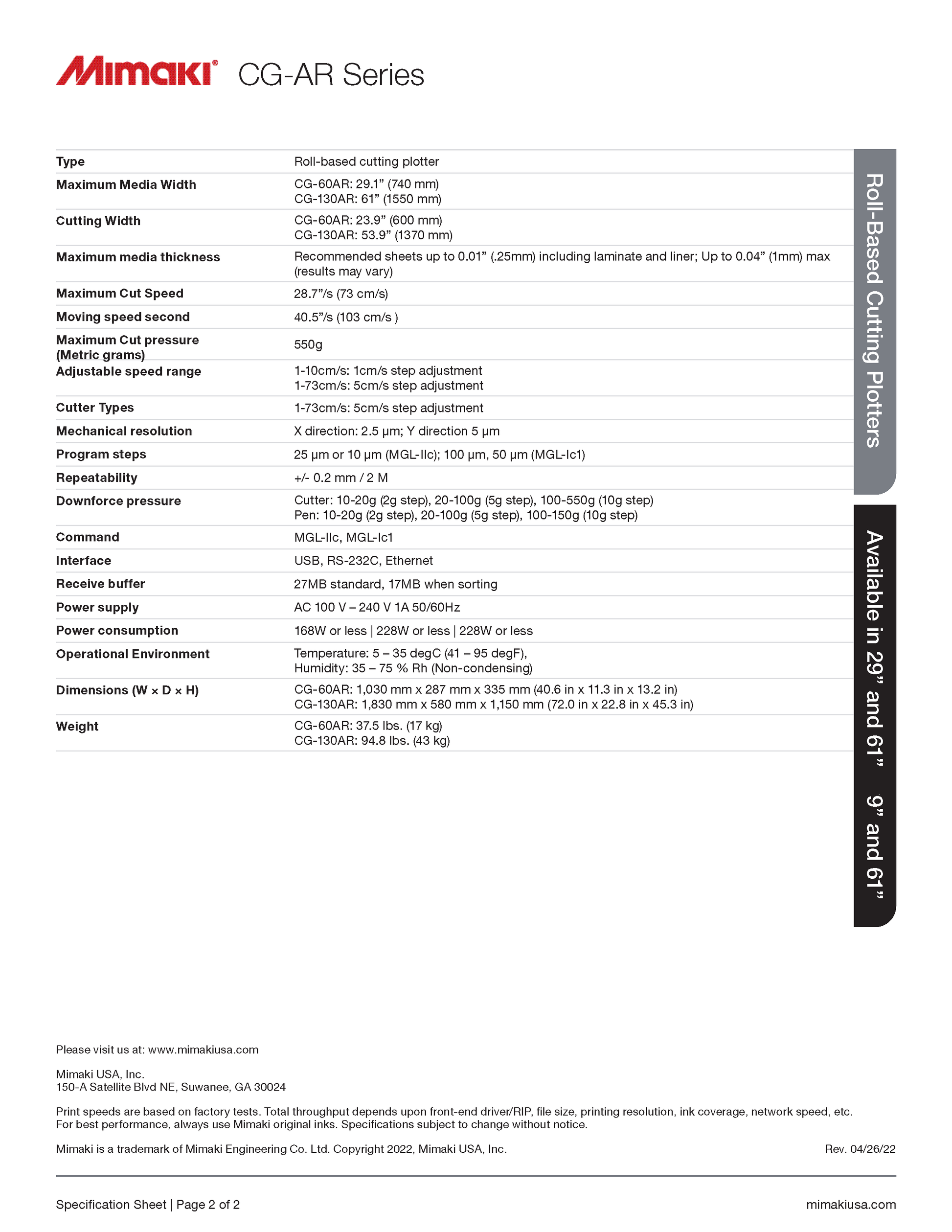 Technical specifications sheet for Mimaki CG-AR Series cutting plotter on a white background