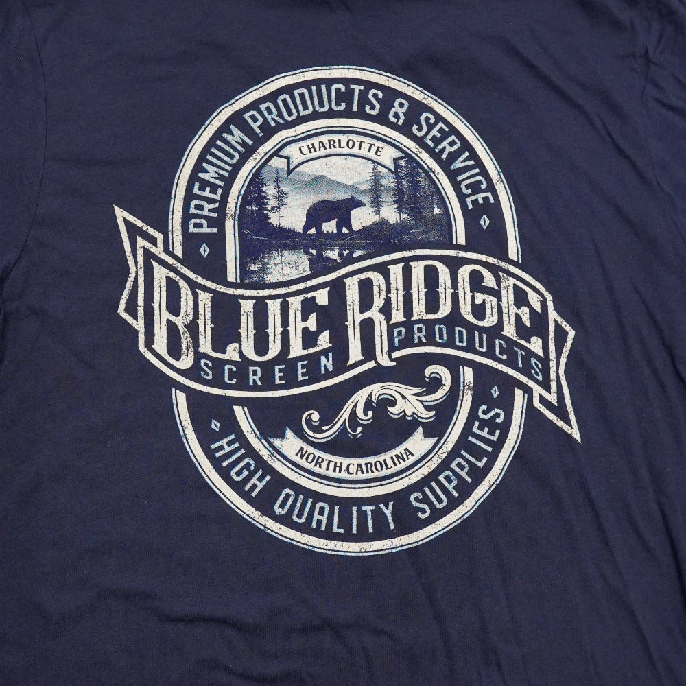 Blue t-shirt with logo from blue ridge screen products.