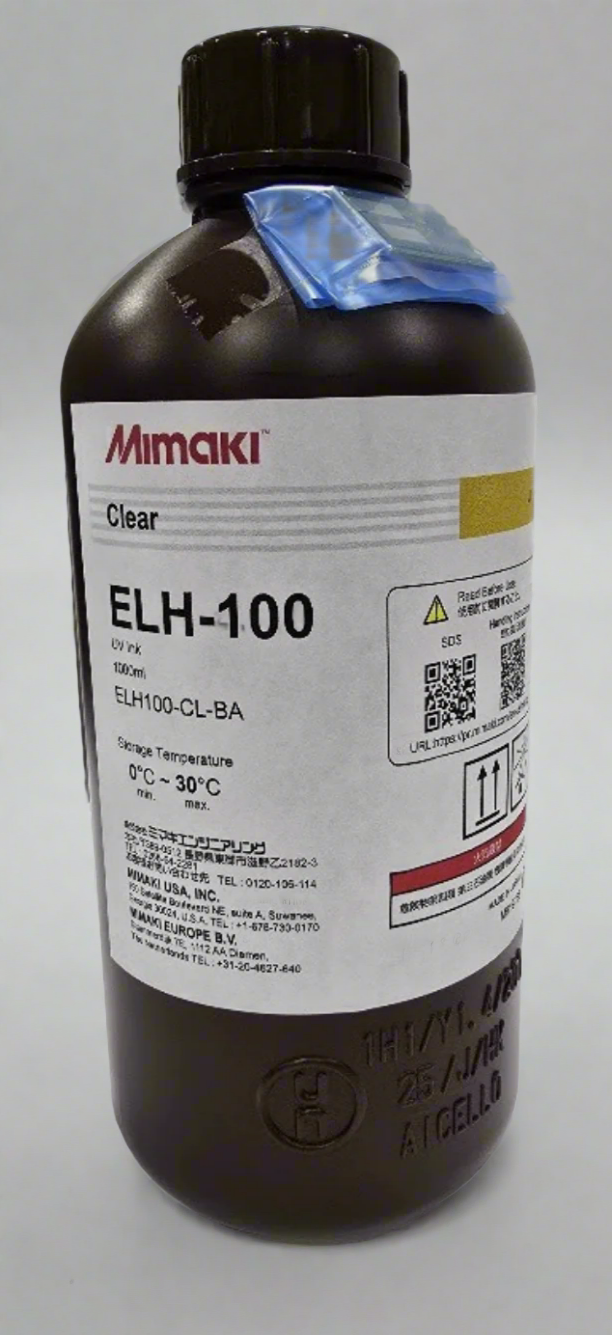 Mimaki ELH-100 ink bottle on a white background