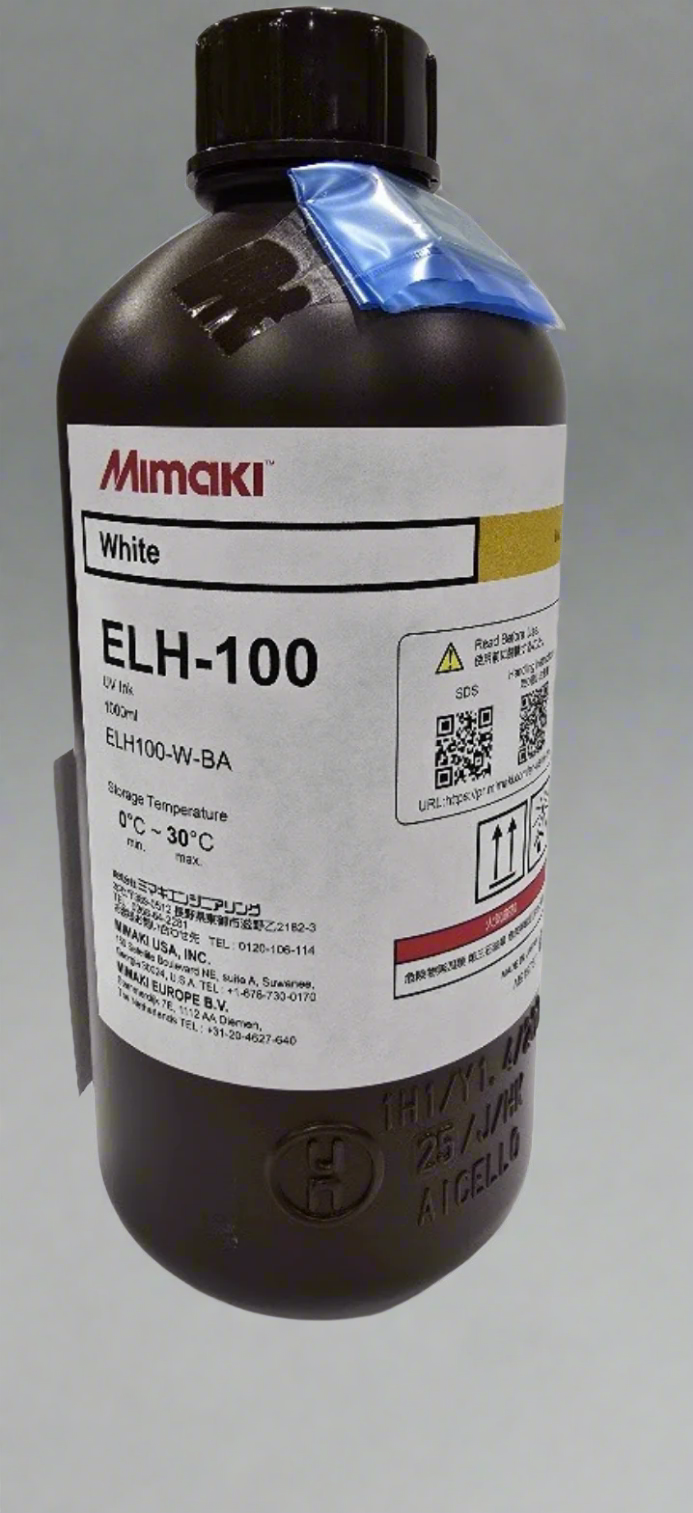 Mimaki ELH-100 ink bottle on a white background