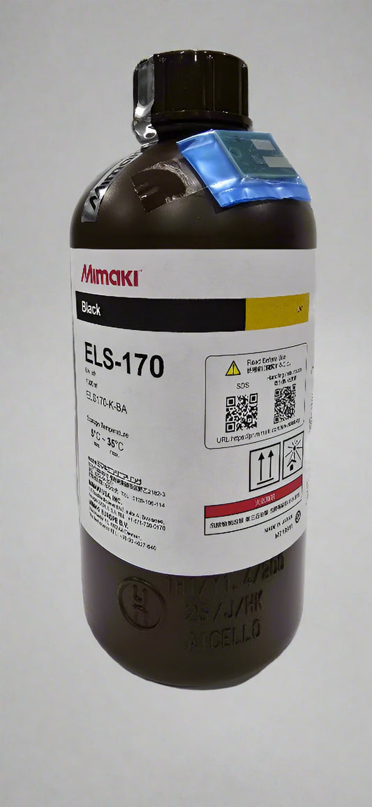 Bottle of Mimaki UV ink with label on a white background
