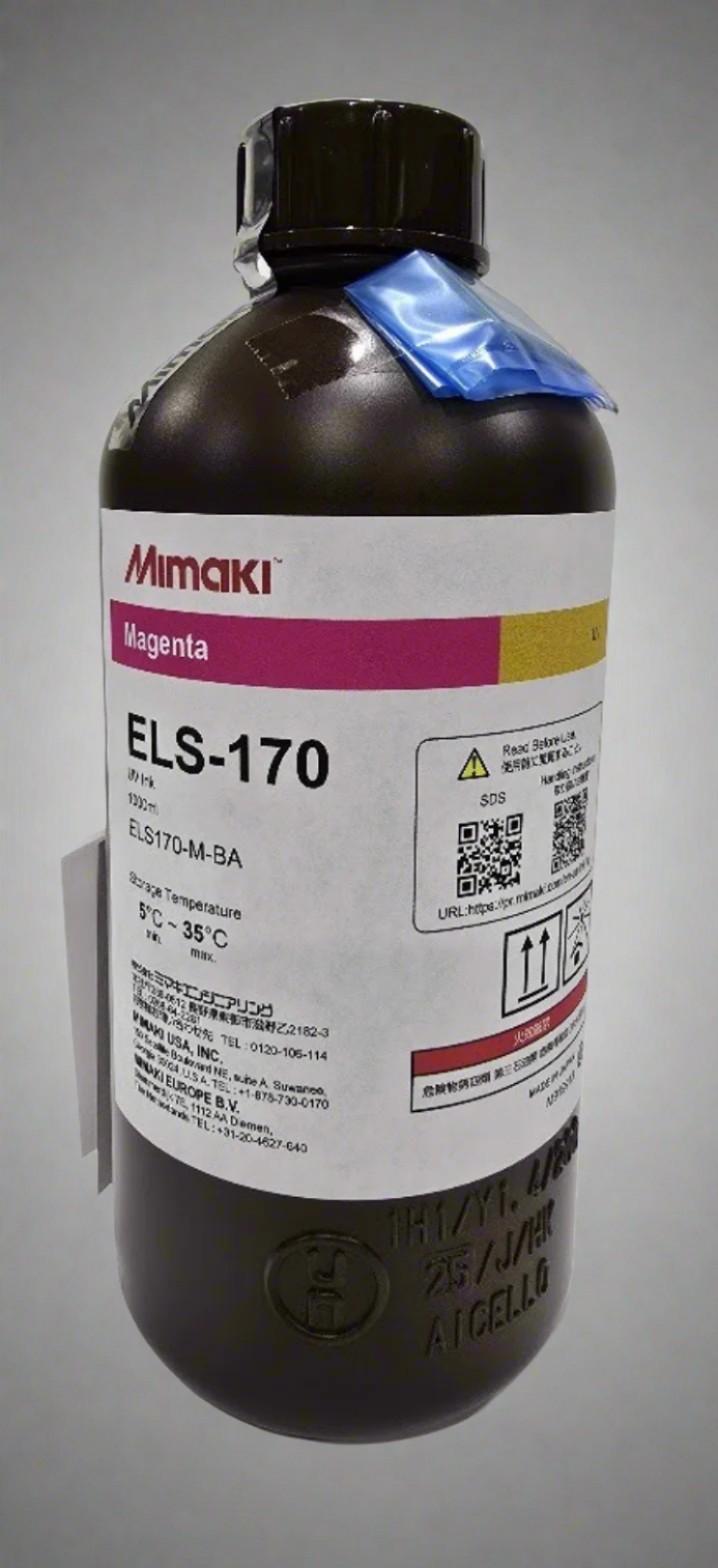 Magenta UV ink bottle with Mimaki label on a white background