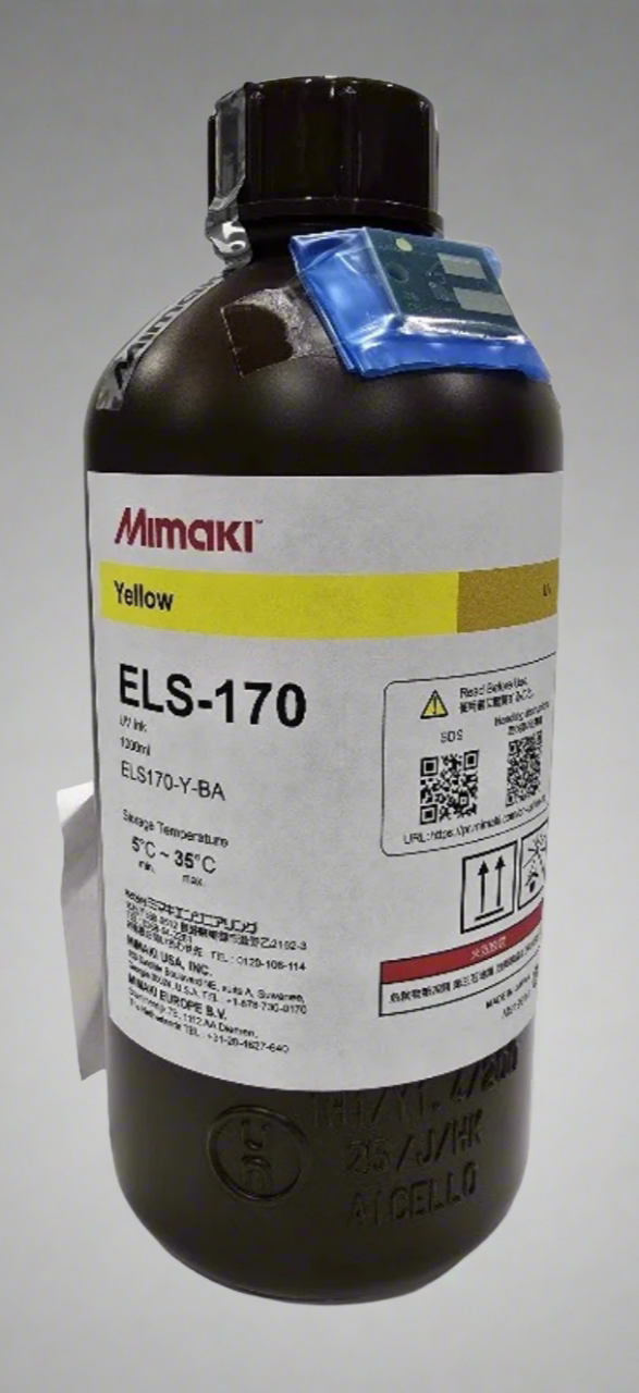 Mimaki ink bottle with label on a white background