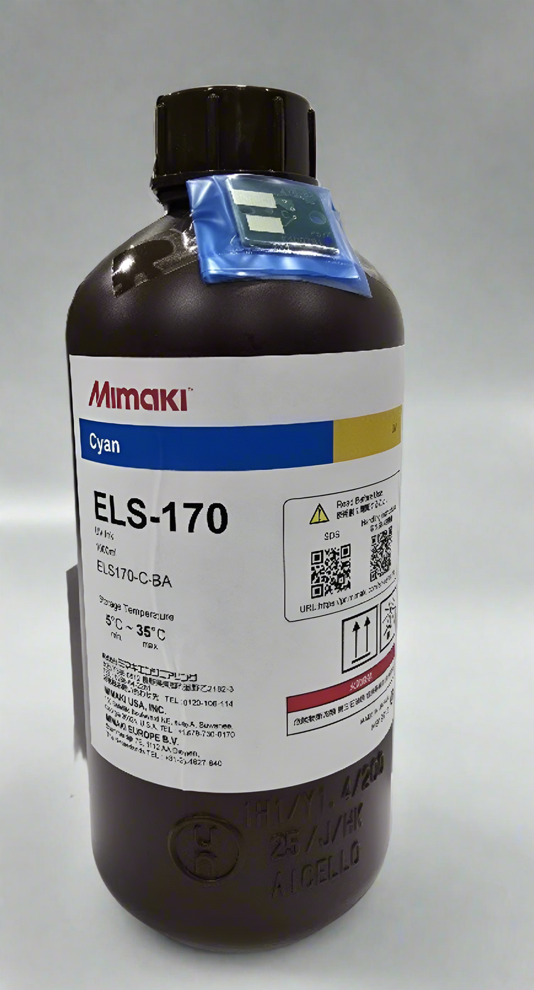 Mimaki UV ink bottle with label on a white background