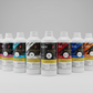 Set of ink bottles with color labels on a white background