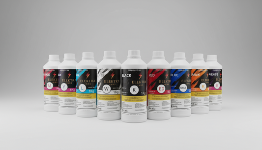 Set of ink bottles with color labels on a white background