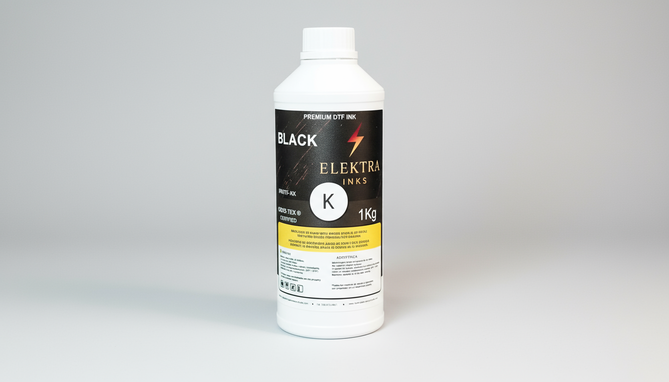 Bottle of Black Elektra K ink on a white background