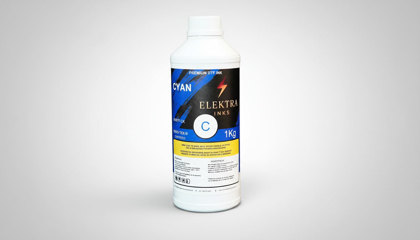 Bottle of Elektra Inns cyan ink on a white background