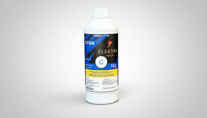 Bottle of Elektra Inns cyan ink on a white background