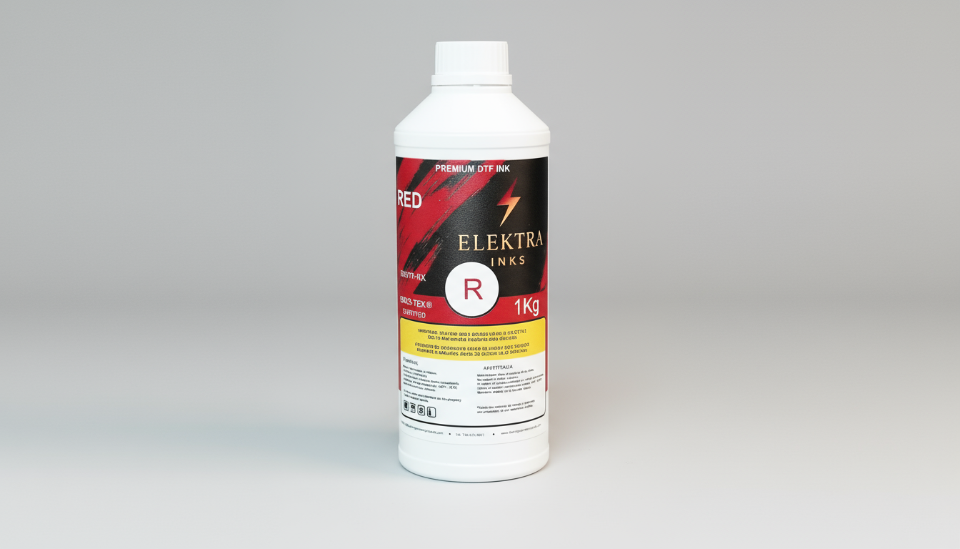 Bottle of Red Elektra ink on a white background