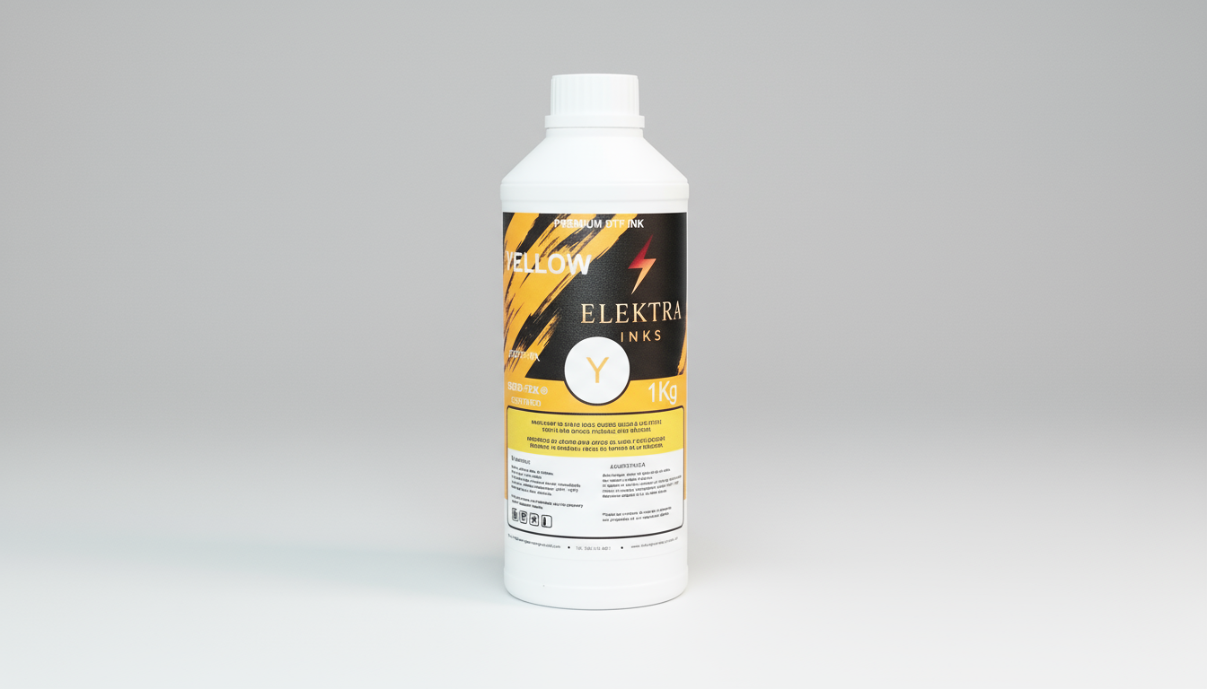 Bottle of Yellow Elektra Inks ink on a white background