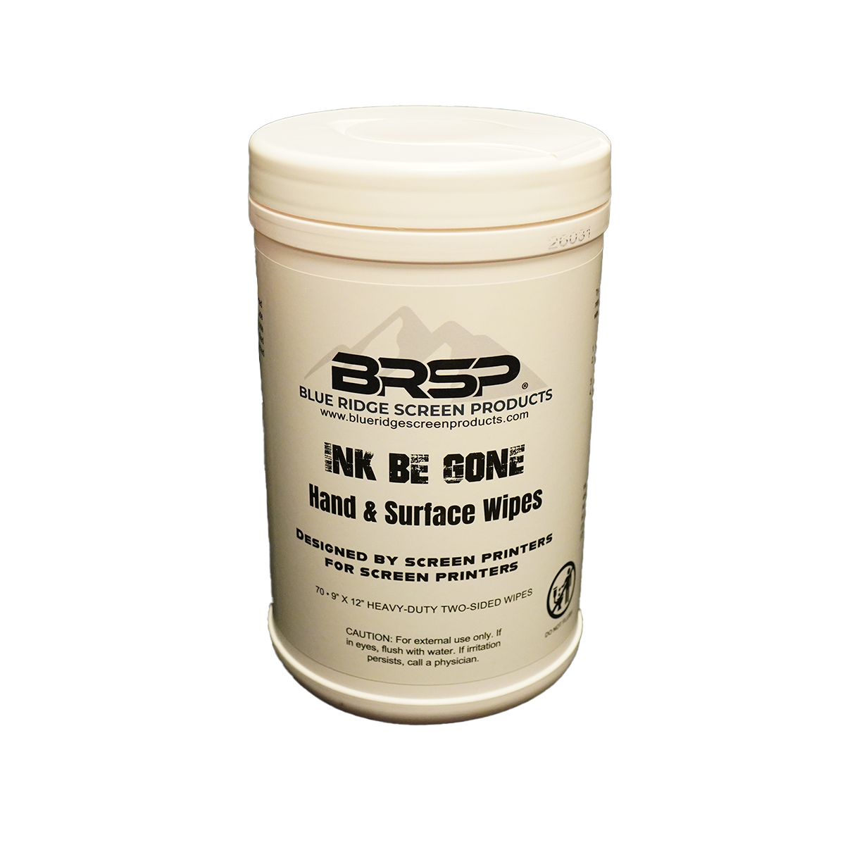 Container of Blue Ridge Screen Products ink removal wipes on a white background