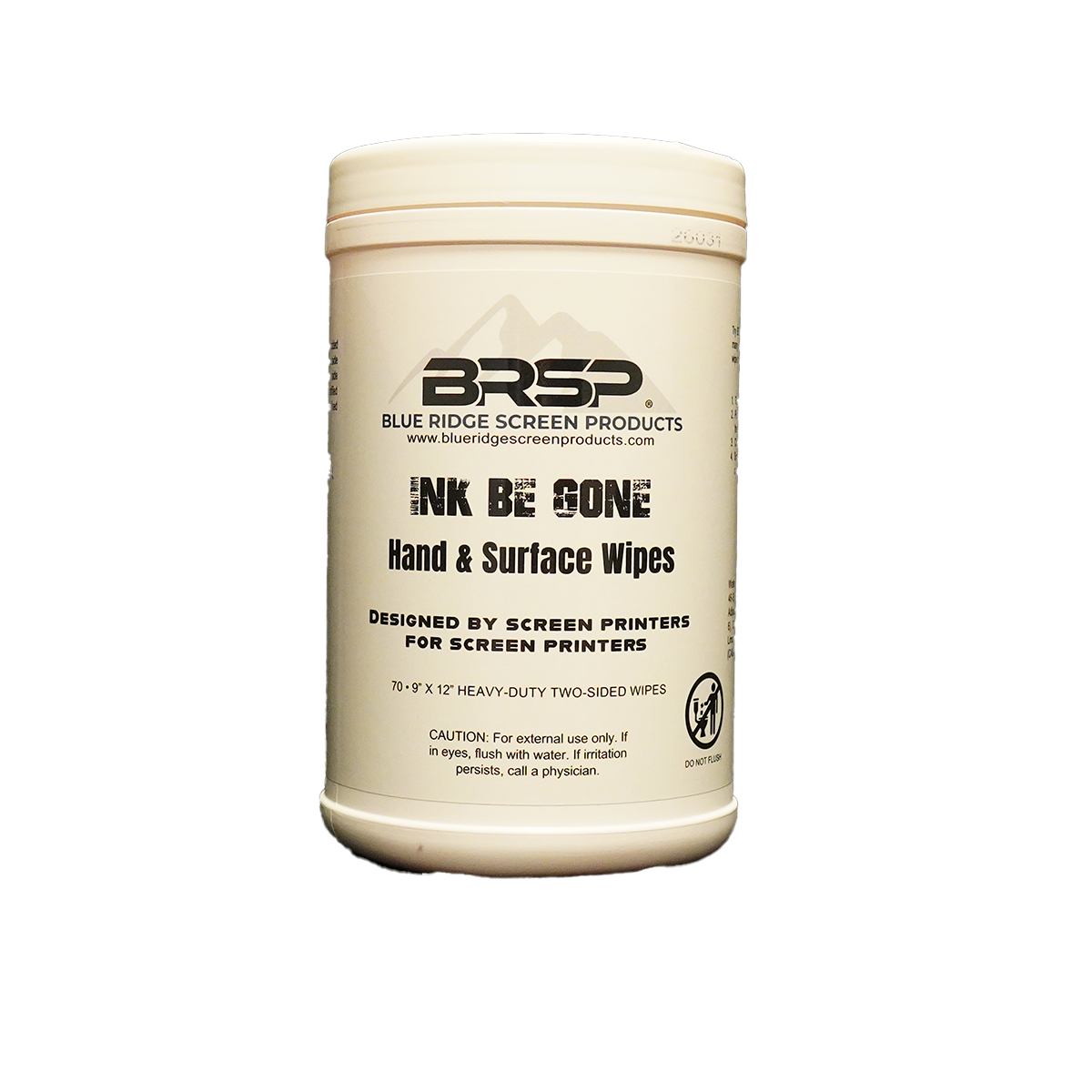 Container of Blue Ridge Screen Products ink removal wipes on a white background