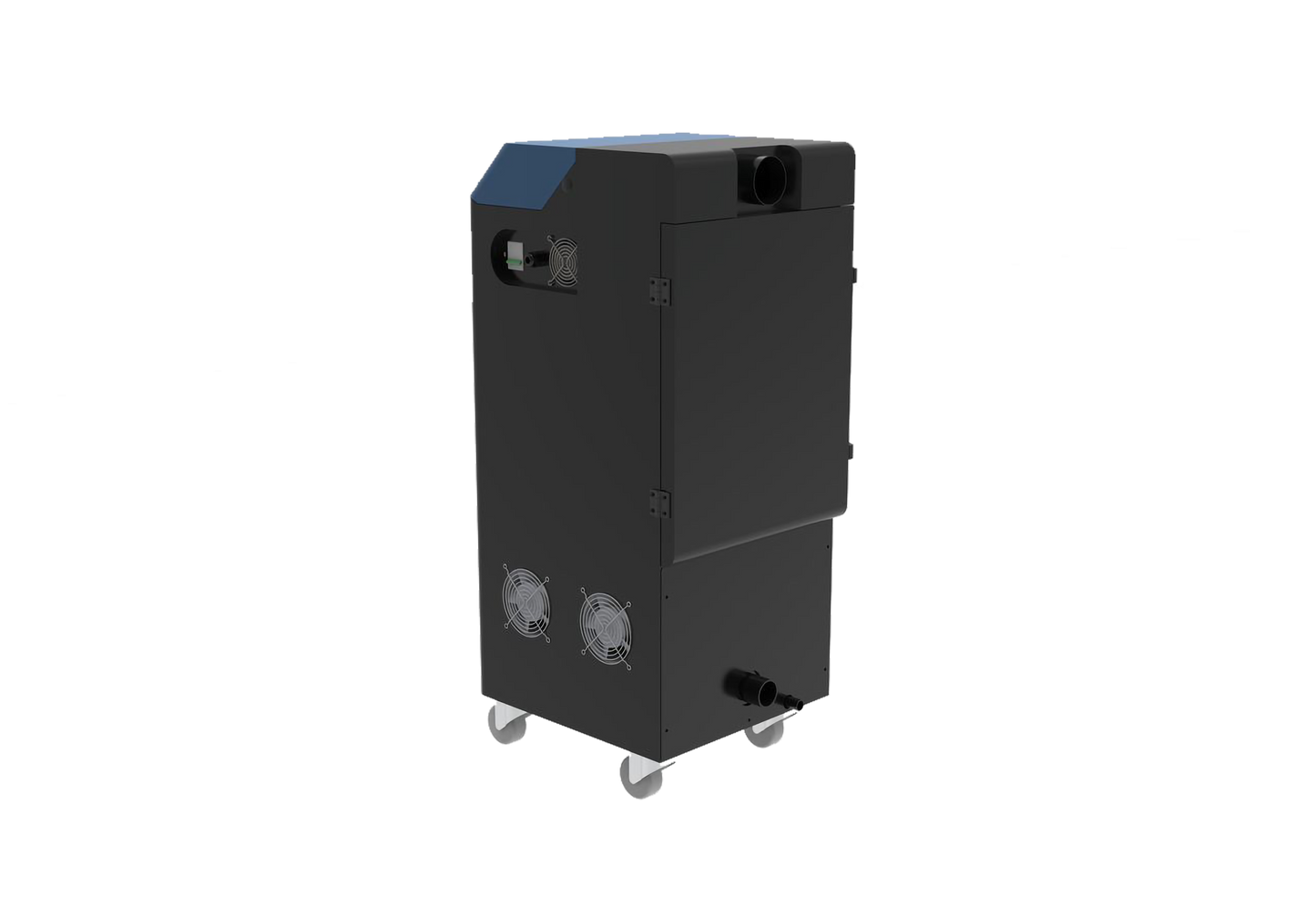 Black industrial machine on wheels with a blue top section on a white background