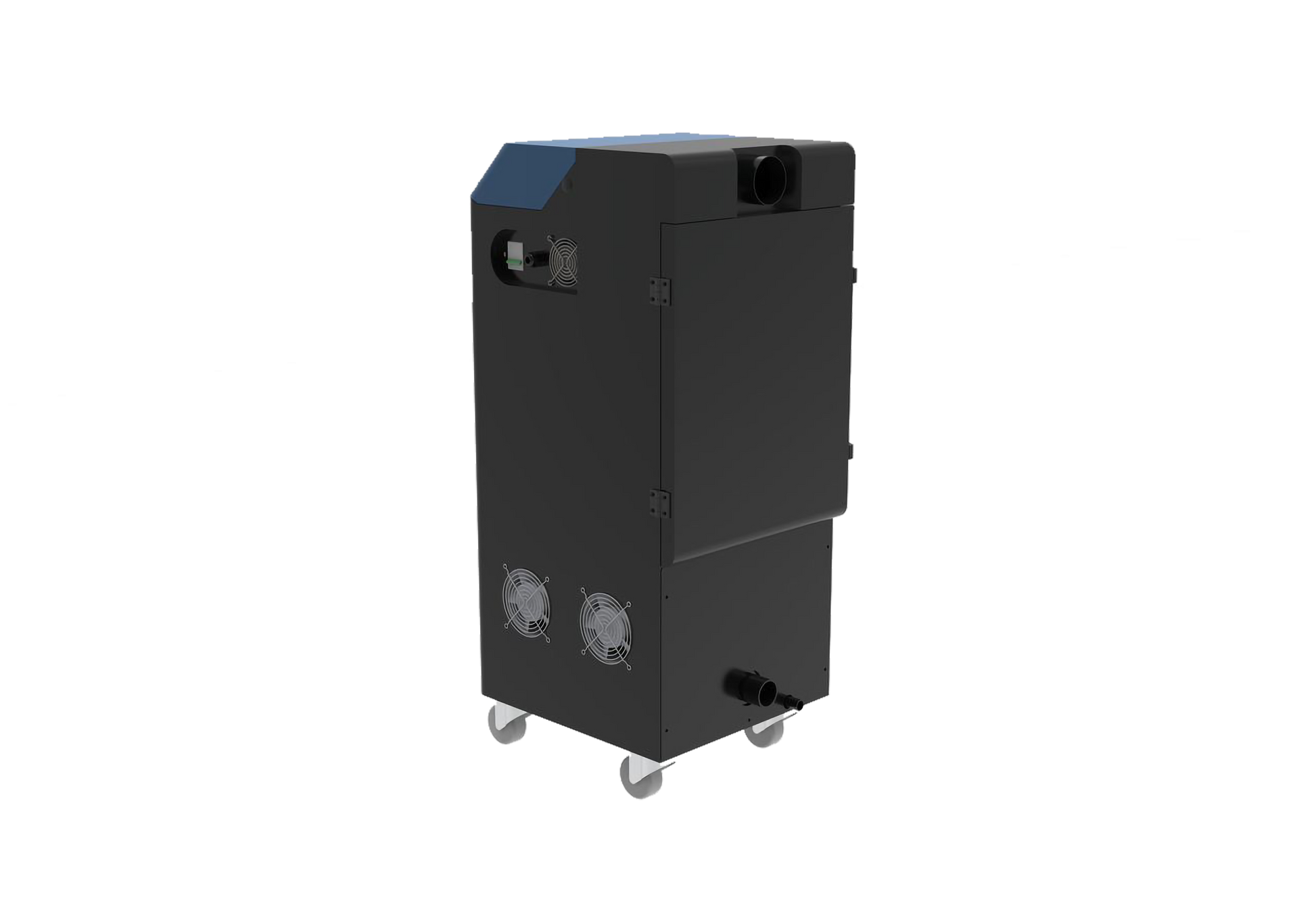 Black industrial machine on wheels with a blue top section on a white background