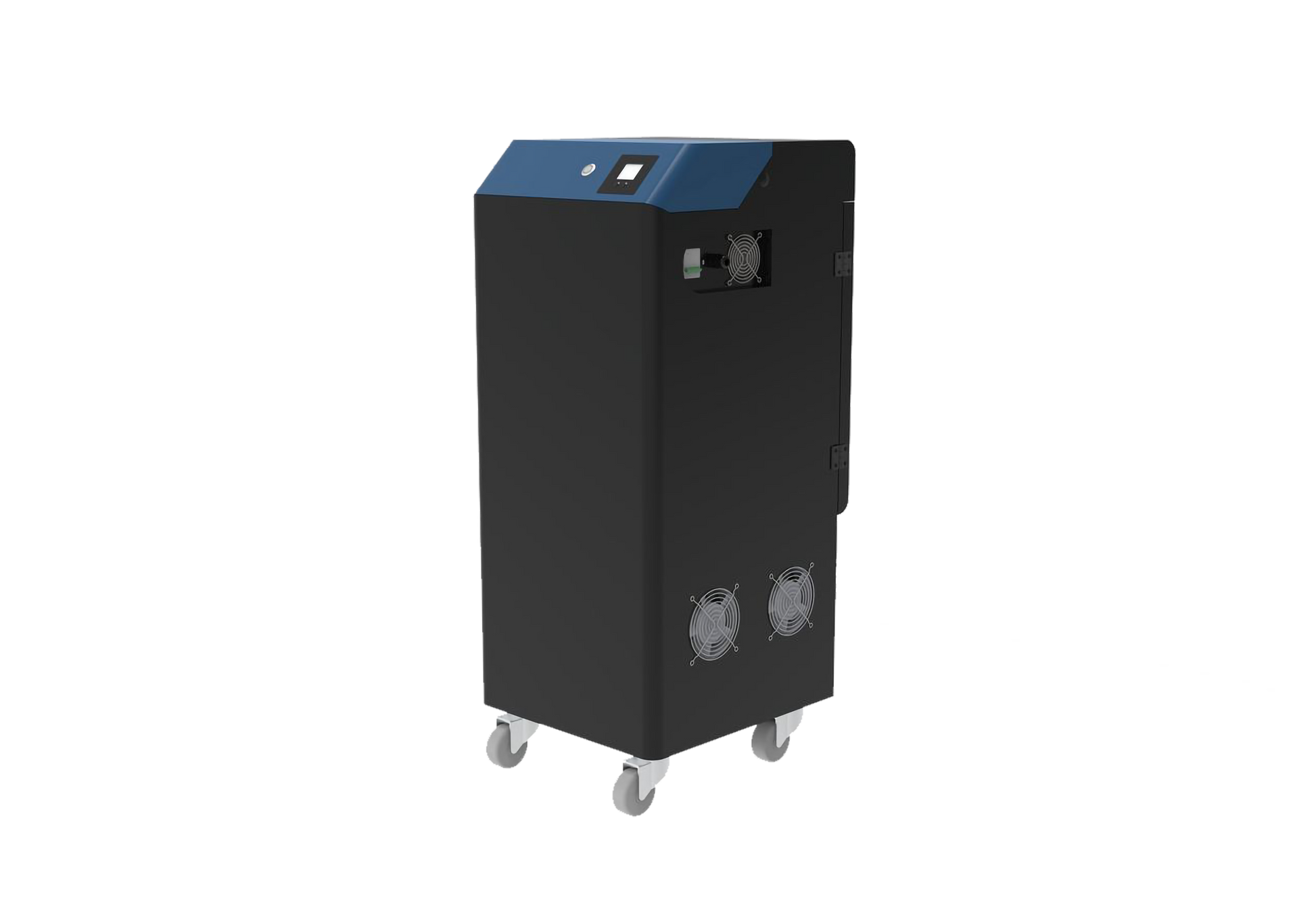 Black industrial machine with blue top on a white background