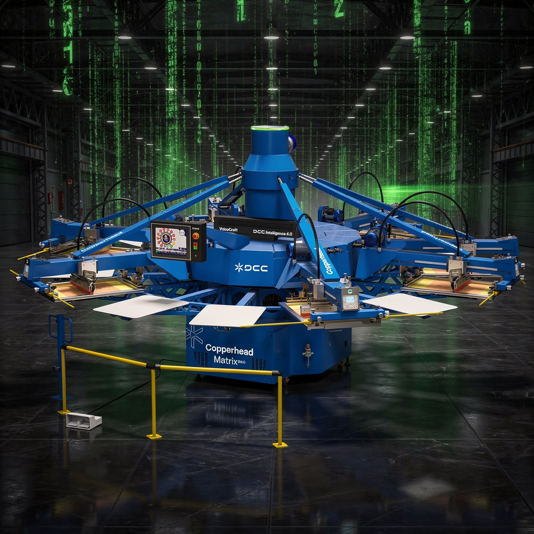 Blue screen printing press in a dark room with green matrix-like text on the walls.