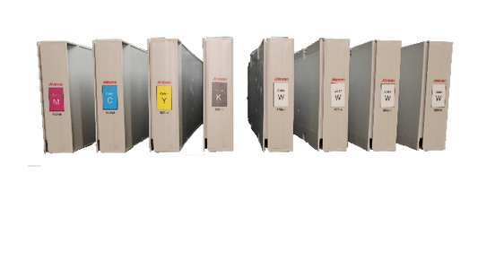 8 Mimaki PHT50 ink cartridges on a transparent background. CMYK colors, Magenta, Cyan, Yellow, Black, and 4 White cartridges.