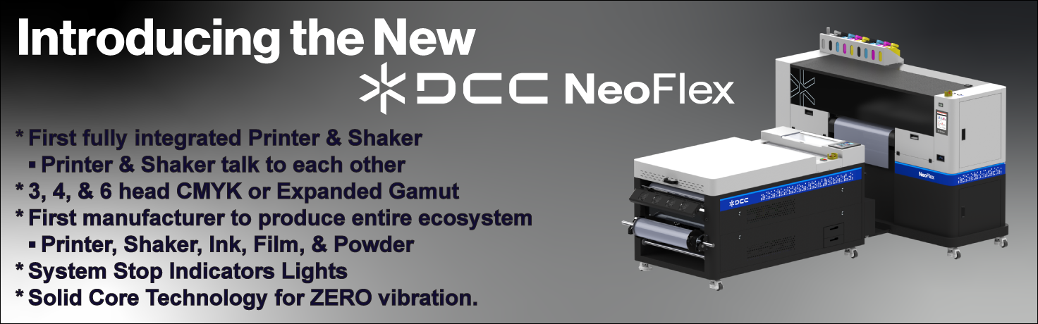 Advertisement for DCC NeoFlex printing system with text highlighting features.