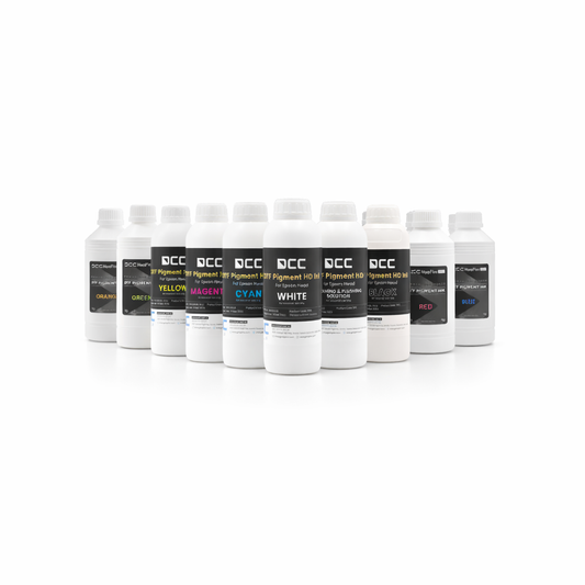 Row of DCC Pigment Ink bottles on a white background