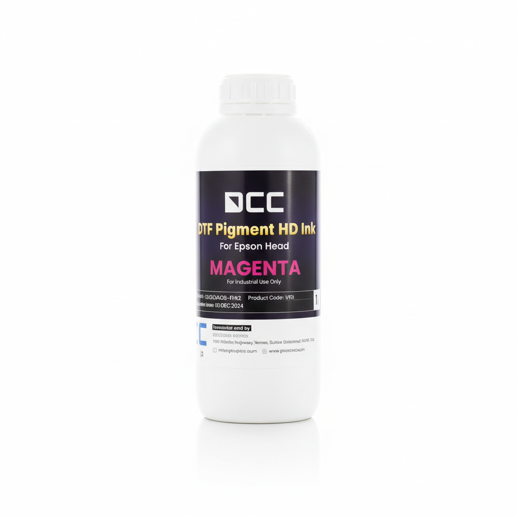 Bottle of DCC DTF Pigment HD Ink for Epson Head Magenta on a white background