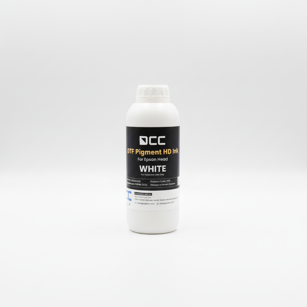 White bottle of ink with a black label on a white background