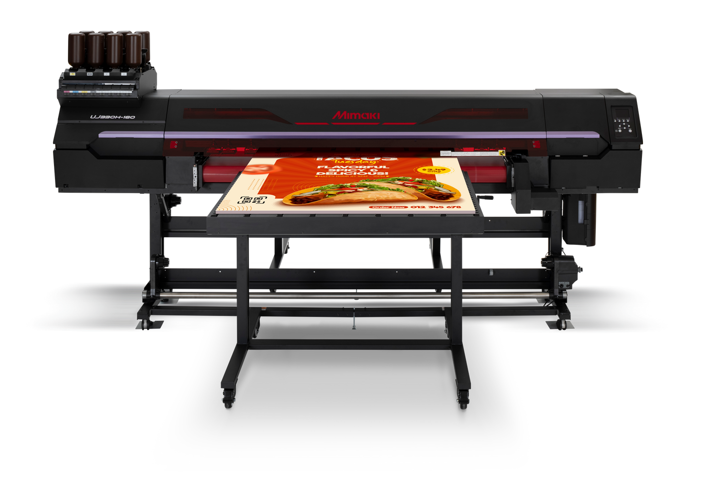 Large inkjet printer with a printed product on a white background