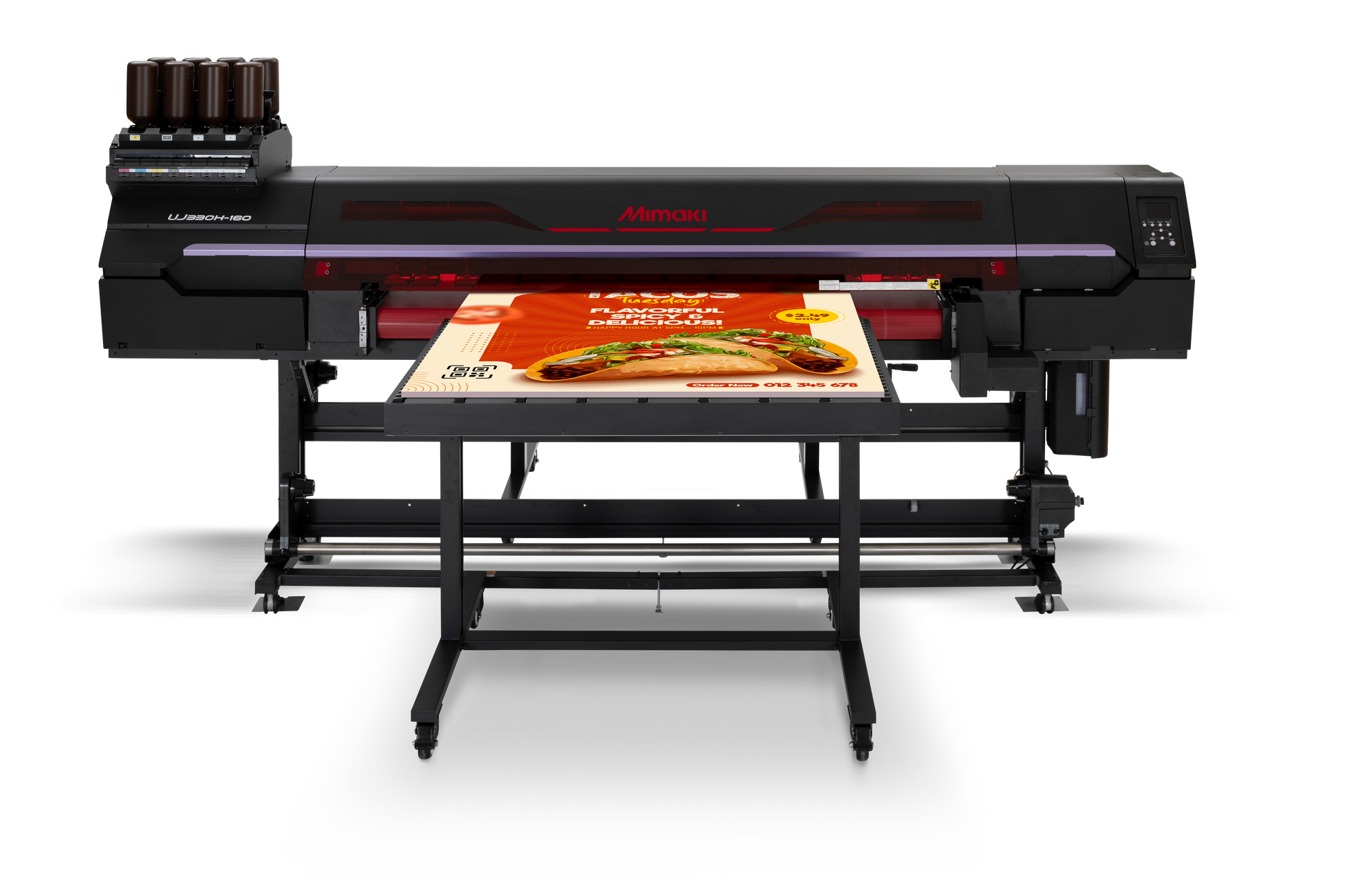 Large inkjet printer with a printed product on a white background