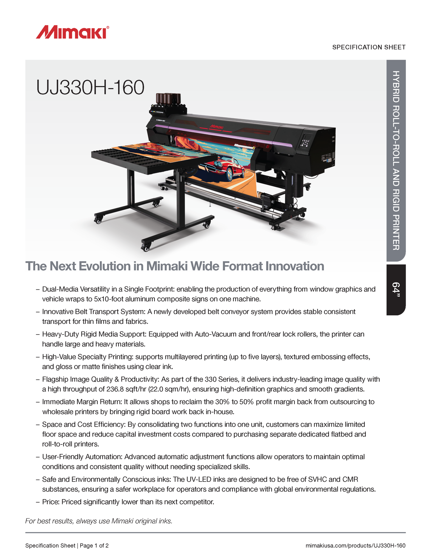 Mimaki UJ330H-160 wide format printer with specifications on a white background