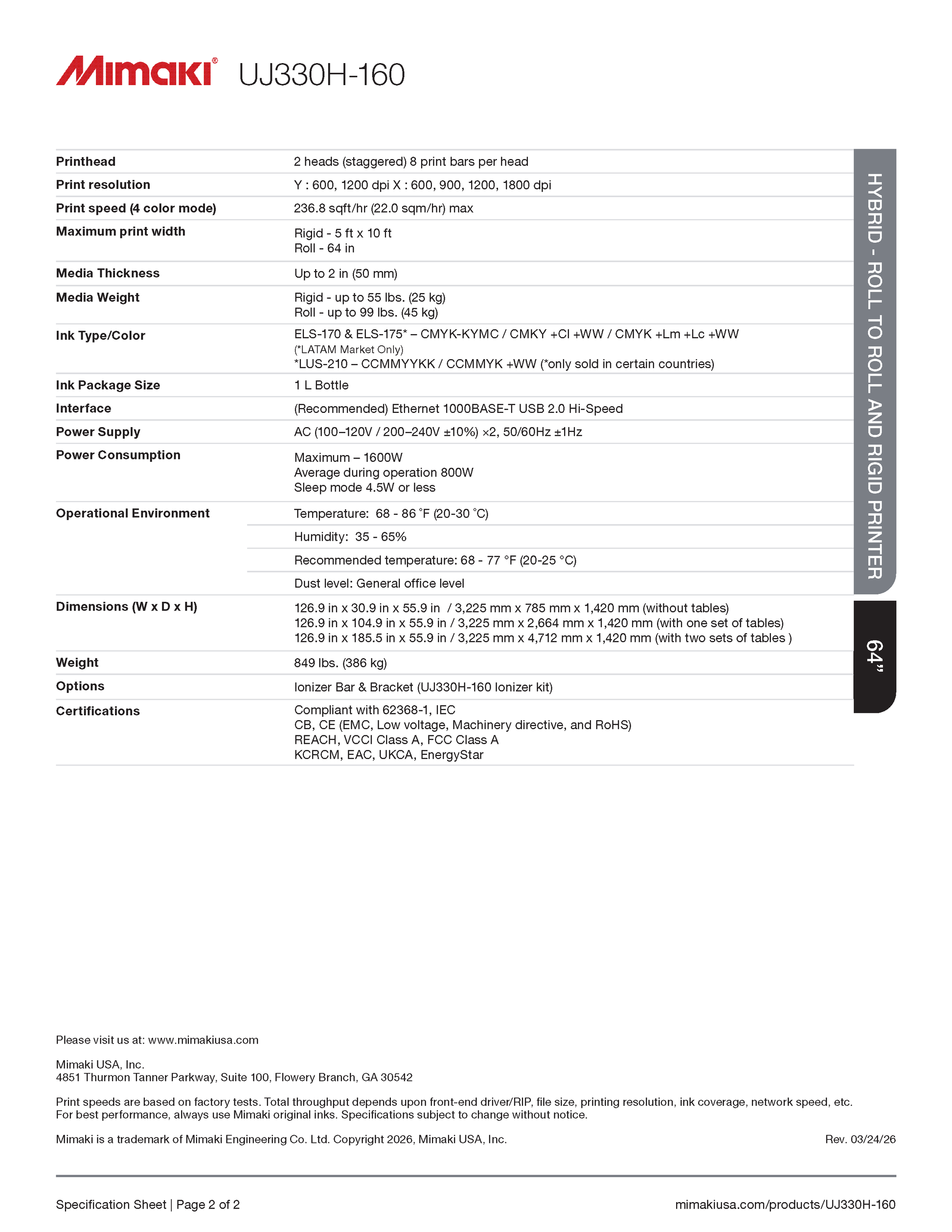 Technical specifications sheet for Mimaki UJ330H-160 printer on a white background