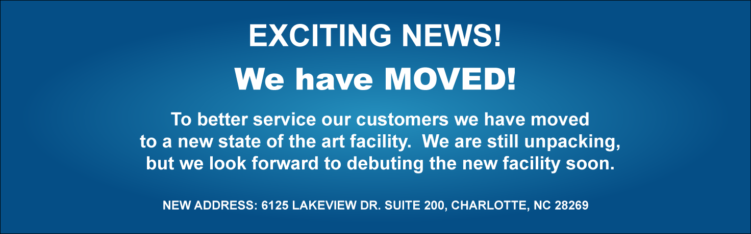 Notification of a business move to a new facility with contact information on a blue background