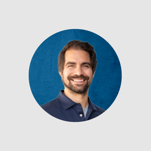 Circular portrait of a man with a blue background