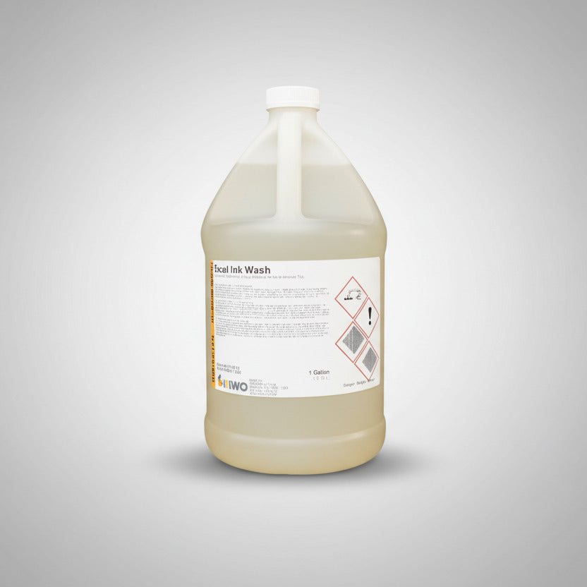 gallon jug of yellow liquid. Jug has a white label that reads "excel ink wash."