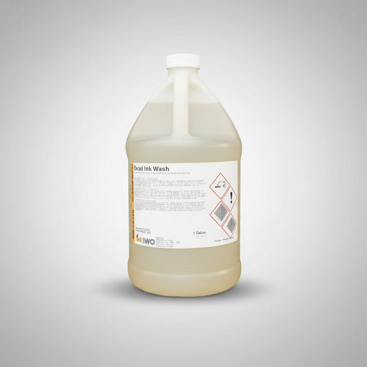 gallon jug of yellow liquid. Jug has a white label that reads "excel ink wash."