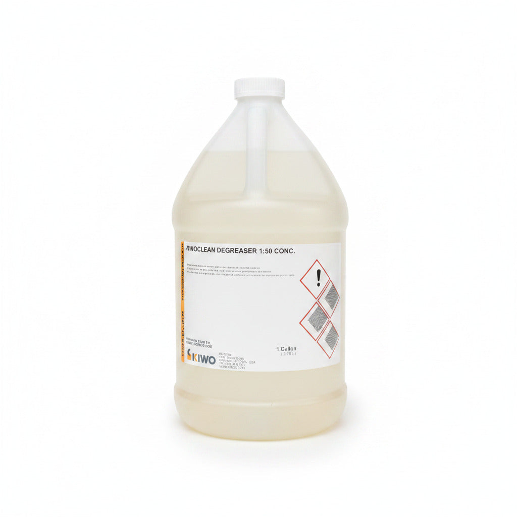 clear gallon jug with a clear liquid inside. White label reads "kiwo clean degreaser 1:50 concentrate"