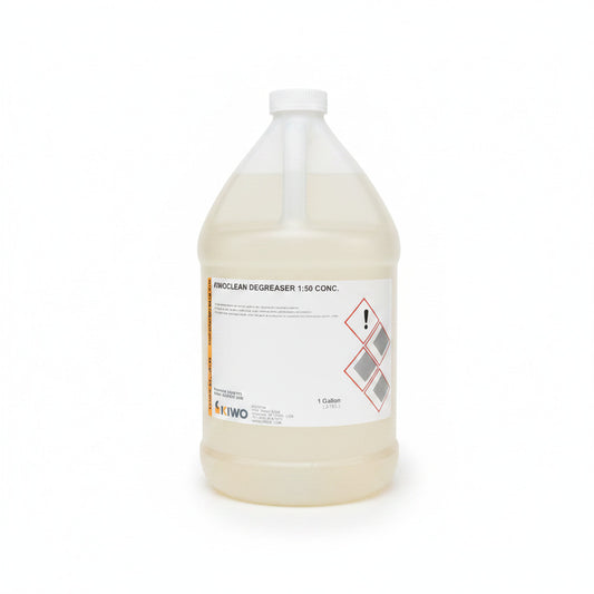 clear gallon jug with a clear liquid inside. White label reads "kiwo clean degreaser 1:50 concentrate"