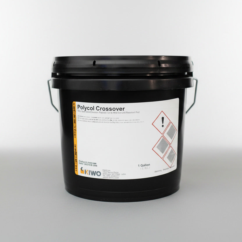 black bucket with a white label that reads kiwo poly crossover emulsion. 